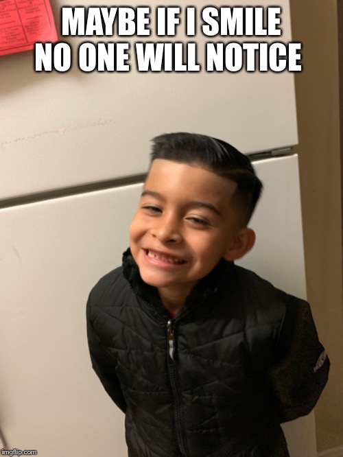 MAYBE IF I SMILE NO ONE WILL NOTICE | image tagged in bad hair day | made w/ Imgflip meme maker