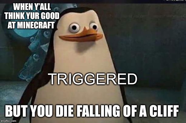 Madagascar penguin | WHEN Y’ALL THINK YUR GOOD AT MINECRAFT; TRIGGERED; BUT YOU DIE FALLING OF A CLIFF | image tagged in madagascar penguin | made w/ Imgflip meme maker