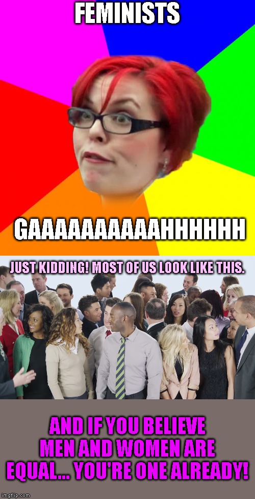 Moderate, big tent feminism. | FEMINISTS; GAAAAAAAAAAHHHHHH; JUST KIDDING! MOST OF US LOOK LIKE THIS. AND IF YOU BELIEVE MEN AND WOMEN ARE EQUAL... YOU'RE ONE ALREADY! | image tagged in angry feminist,feminism,feminist,triggered feminist,feminazi,male feminist | made w/ Imgflip meme maker