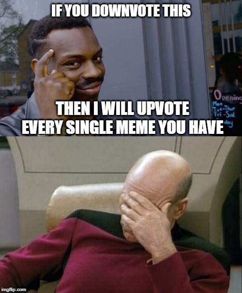 Downvote begging | IF YOU DOWNVOTE THIS; THEN I WILL UPVOTE EVERY SINGLE MEME YOU HAVE | image tagged in memes,captain picard facepalm,roll safe think about it,funny | made w/ Imgflip meme maker