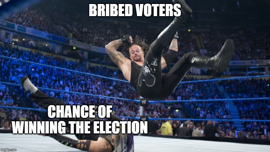 Meme Smackdown | BRIBED VOTERS; CHANCE OF WINNING THE ELECTION | image tagged in meme smackdown | made w/ Imgflip meme maker