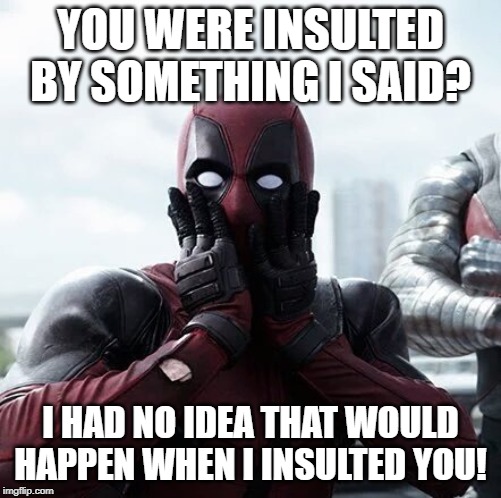 Deadpool Surprised | YOU WERE INSULTED BY SOMETHING I SAID? I HAD NO IDEA THAT WOULD HAPPEN WHEN I INSULTED YOU! | image tagged in memes,deadpool surprised | made w/ Imgflip meme maker