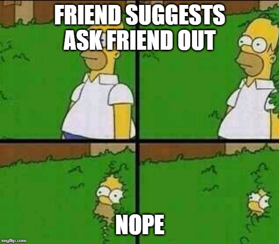 Homer Simpson Nope | FRIEND SUGGESTS ASK FRIEND OUT; NOPE | image tagged in homer simpson nope | made w/ Imgflip meme maker