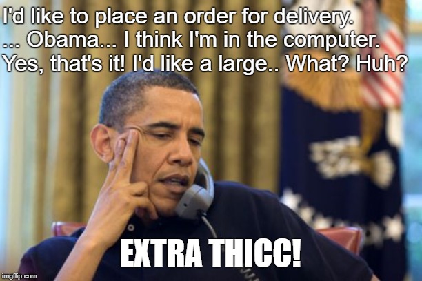 No I Can't Obama | I'd like to place an order for delivery. ... Obama... I think I'm in the computer. Yes, that's it! I'd like a large.. What? Huh? EXTRA THICC! | image tagged in memes,no i cant obama | made w/ Imgflip meme maker