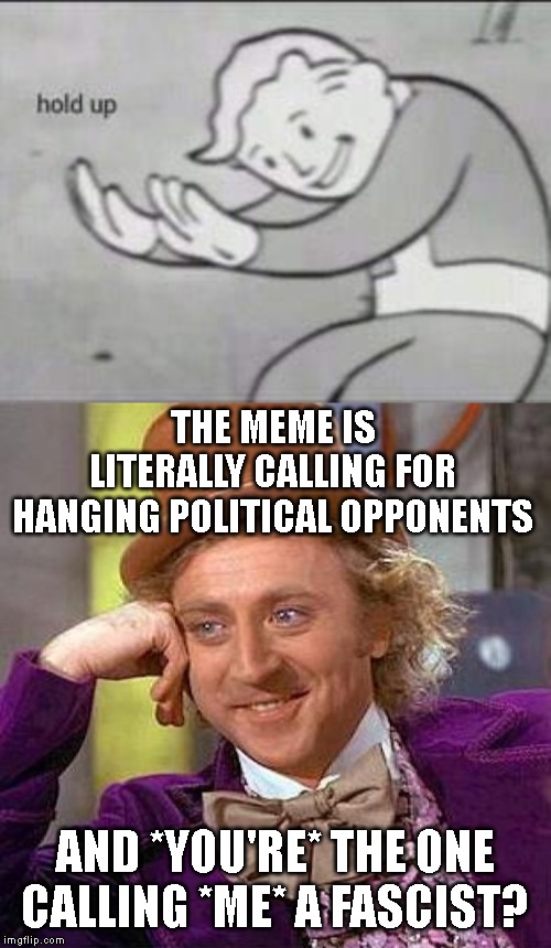 When their meme literally calls for hanging you and everyone who thinks like you. | THE MEME IS LITERALLY CALLING FOR HANGING POLITICAL OPPONENTS; AND *YOU'RE* THE ONE CALLING *ME* A FASCIST? | image tagged in memes,creepy condescending wonka,fallout hold up,fascist,death penalty,imgflip | made w/ Imgflip meme maker