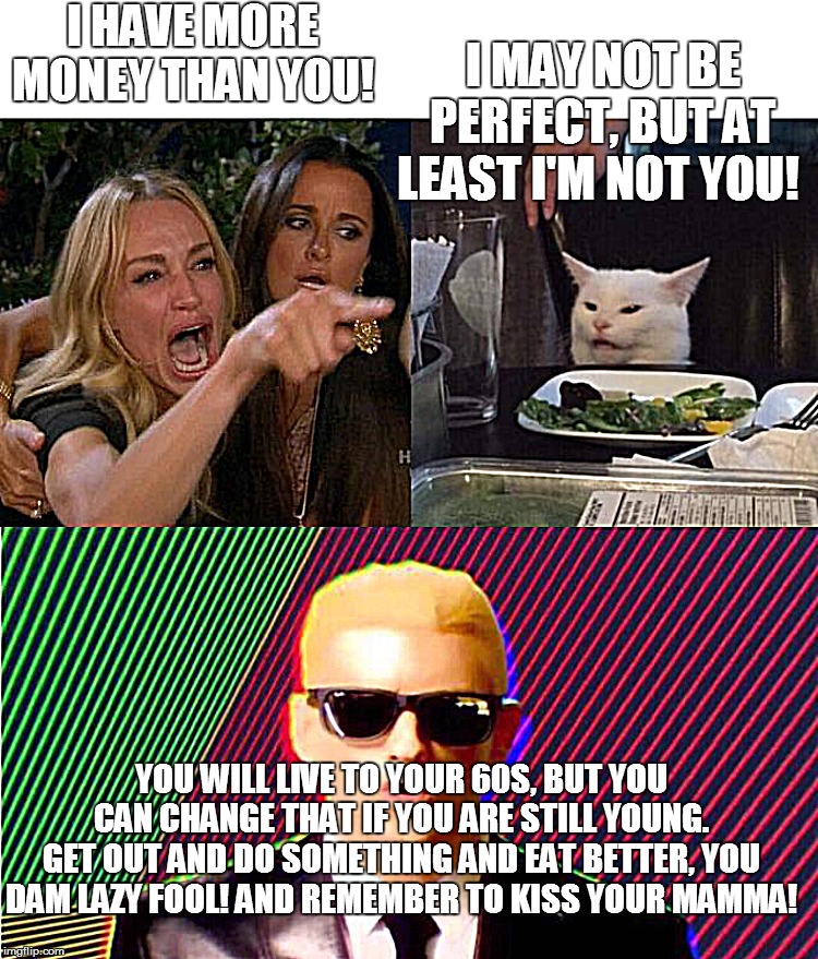 I HAVE MORE MONEY THAN YOU! I MAY NOT BE PERFECT, BUT AT LEAST I'M NOT YOU! YOU WILL LIVE TO YOUR 60S, BUT YOU CAN CHANGE THAT IF YOU ARE STILL YOUNG. GET OUT AND DO SOMETHING AND EAT BETTER, YOU DAM LAZY FOOL! AND REMEMBER TO KISS YOUR MAMMA! | image tagged in memes,woman yelling at cat,somethings wrong | made w/ Imgflip meme maker