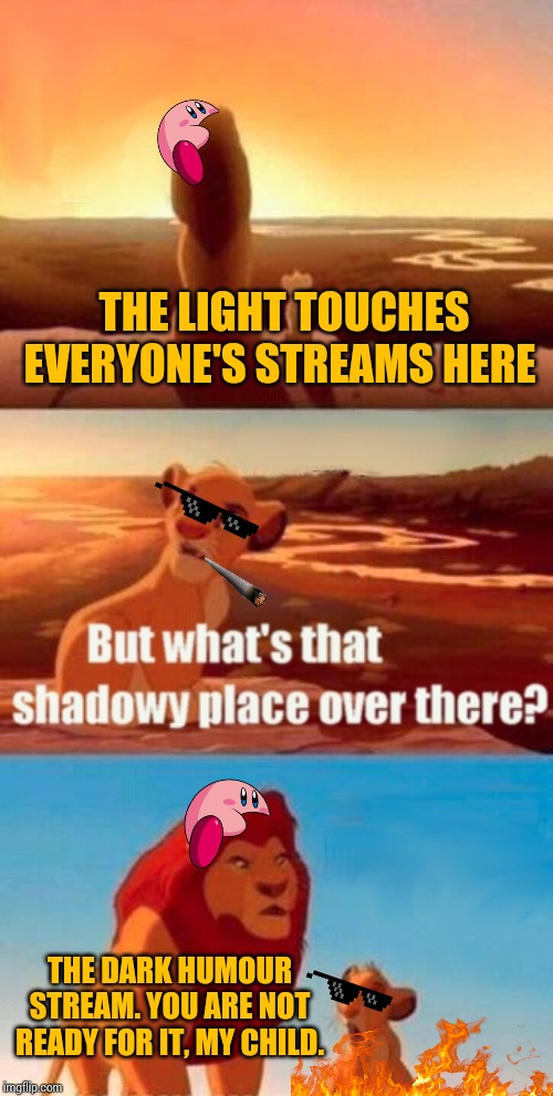 Simba drop his blunt and now he's gonna burn. Nyehehehe! But hey. At least this place has so many fans of dark humour, right? | THE LIGHT TOUCHES EVERYONE'S STREAMS HERE; THE DARK HUMOUR STREAM. YOU ARE NOT READY FOR IT, MY CHILD. | image tagged in memes,simba shadowy place,dark humor | made w/ Imgflip meme maker