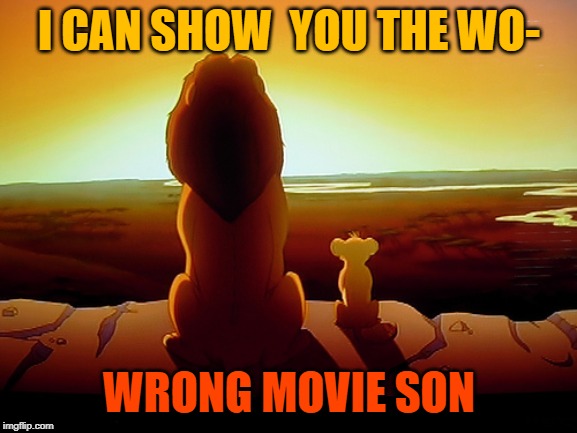 Lion King Meme | I CAN SHOW  YOU THE WO-; WRONG MOVIE SON | image tagged in memes,lion king | made w/ Imgflip meme maker