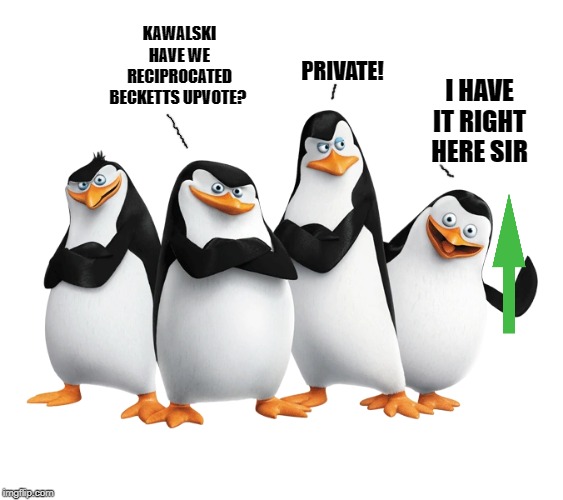 KAWALSKI HAVE WE RECIPROCATED BECKETTS UPVOTE? PRIVATE! I HAVE IT RIGHT HERE SIR | made w/ Imgflip meme maker