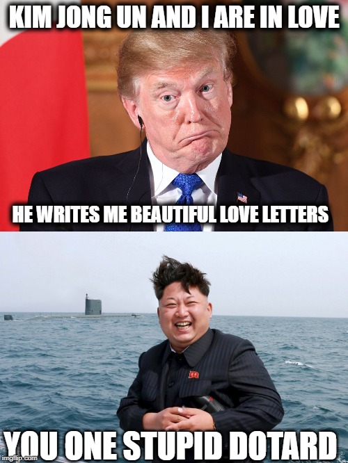 Total embarrassment for all Americans | KIM JONG UN AND I ARE IN LOVE; HE WRITES ME BEAUTIFUL LOVE LETTERS; YOU ONE STUPID DOTARD | image tagged in kim with sub,trump dumbfounded,politics,memes,maga,impeach trump | made w/ Imgflip meme maker