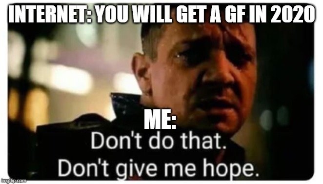 don't give me hope | INTERNET: YOU WILL GET A GF IN 2020; ME: | image tagged in don't give me hope | made w/ Imgflip meme maker