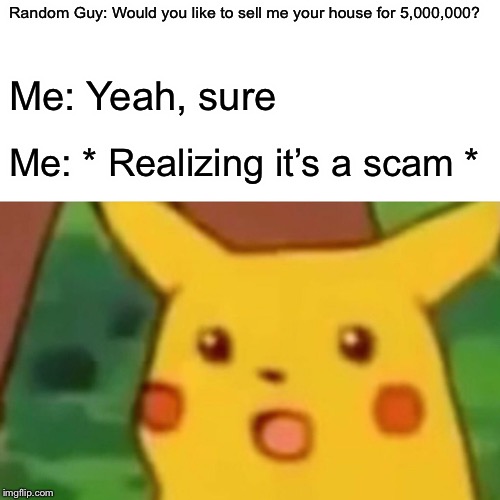 Surprised Pikachu Meme | Random Guy: Would you like to sell me your house for 5,000,000? Me: Yeah, sure; Me: * Realizing it’s a scam * | image tagged in memes,surprised pikachu | made w/ Imgflip meme maker