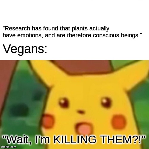 Surprised Pikachu | "Research has found that plants actually have emotions, and are therefore conscious beings."; Vegans:; "Wait, I'm KILLING THEM?!" | image tagged in memes,surprised pikachu | made w/ Imgflip meme maker