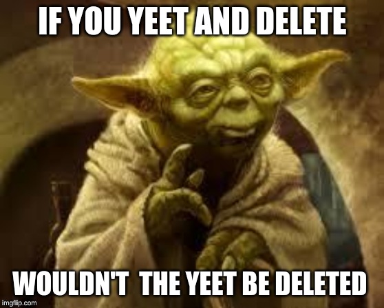 yoda | IF YOU YEET AND DELETE; WOULDN'T  THE YEET BE DELETED | image tagged in yoda | made w/ Imgflip meme maker