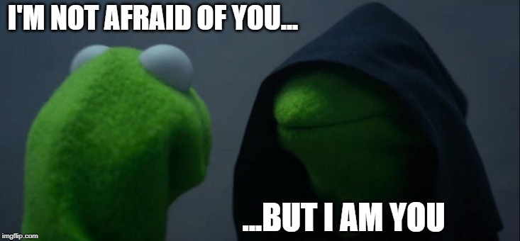 Evil Kermit | I'M NOT AFRAID OF YOU... ...BUT I AM YOU | image tagged in memes,evil kermit | made w/ Imgflip meme maker