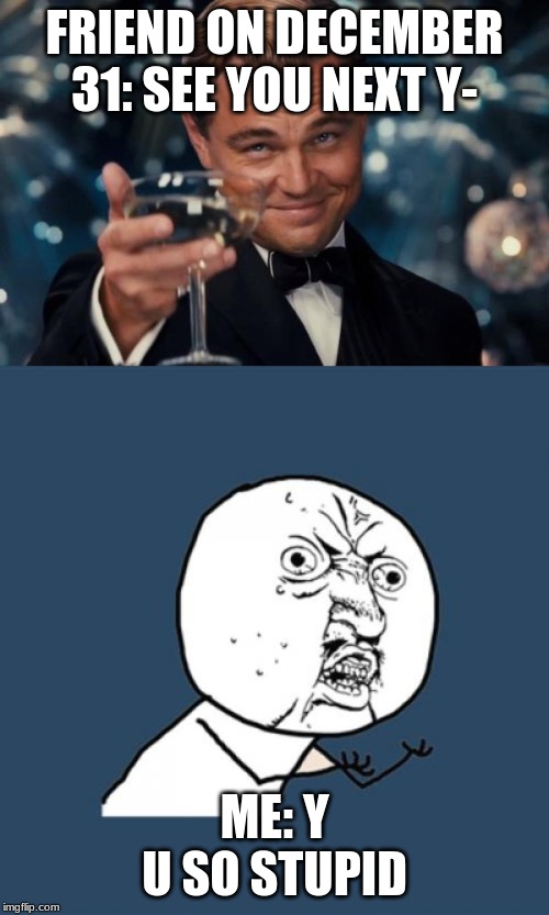 FRIEND ON DECEMBER 31: SEE YOU NEXT Y-; ME: Y U SO STUPID | image tagged in memes,y u no,leonardo dicaprio cheers | made w/ Imgflip meme maker