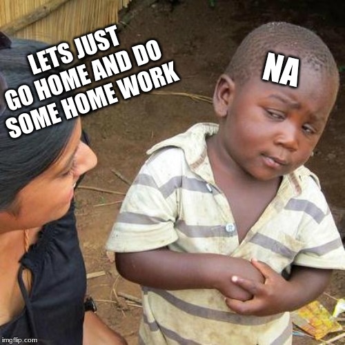 Third World Skeptical Kid Meme | NA; LETS JUST GO HOME AND DO SOME HOME WORK | image tagged in memes,third world skeptical kid | made w/ Imgflip meme maker