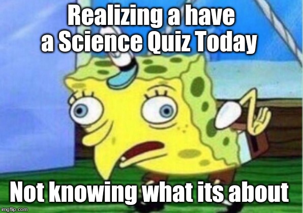 Mocking Spongebob Meme | Realizing a have a Science Quiz Today; Not knowing what its about | image tagged in memes,mocking spongebob | made w/ Imgflip meme maker