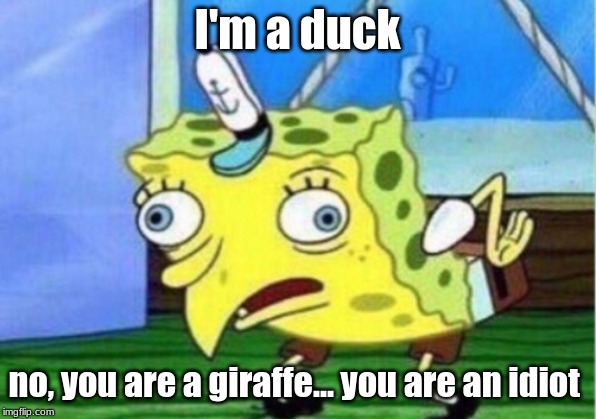 Mocking Spongebob | I'm a duck; no, you are a giraffe... you are an idiot | image tagged in memes,mocking spongebob | made w/ Imgflip meme maker