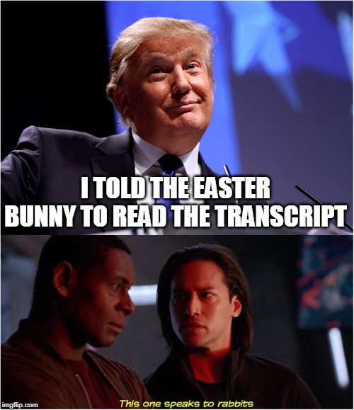 The one speeks to rabbits | I TOLD THE EASTER BUNNY TO READ THE TRANSCRIPT | image tagged in memes,donald trump | made w/ Imgflip meme maker