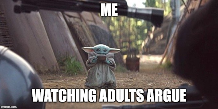 BabyYodaWatchingAdultsArgue | ME; WATCHING ADULTS ARGUE | image tagged in baby yoda | made w/ Imgflip meme maker