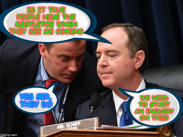 Adam Schiff and aide | IS IT TRUE PEOPLE HIDE THE MISTLETOE WHEN THEY SEE ME COMING; YES SIR, THEY DO; WE NEED TO START AN INQUIRY ON THIS! | image tagged in adam schiff and aide,memes,mistletoe,christmas,see nobody cares,hide the pain harold | made w/ Imgflip meme maker