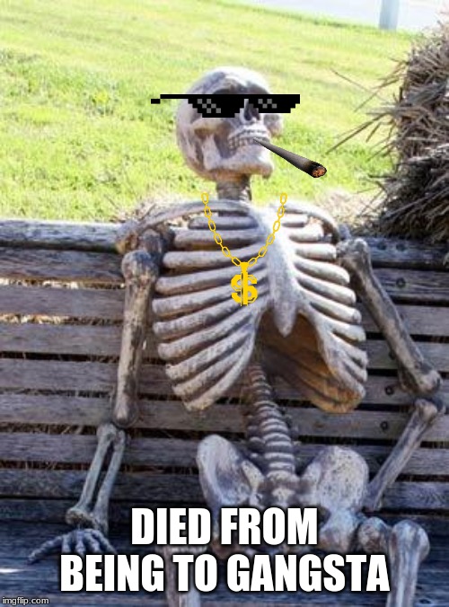 Waiting Skeleton Meme | DIED FROM BEING TO GANGSTA | image tagged in memes,waiting skeleton | made w/ Imgflip meme maker