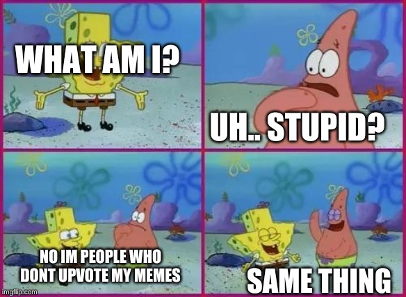 Texas Spongebob | WHAT AM I? UH.. STUPID? NO IM PEOPLE WHO DONT UPVOTE MY MEMES; SAME THING | image tagged in texas spongebob | made w/ Imgflip meme maker