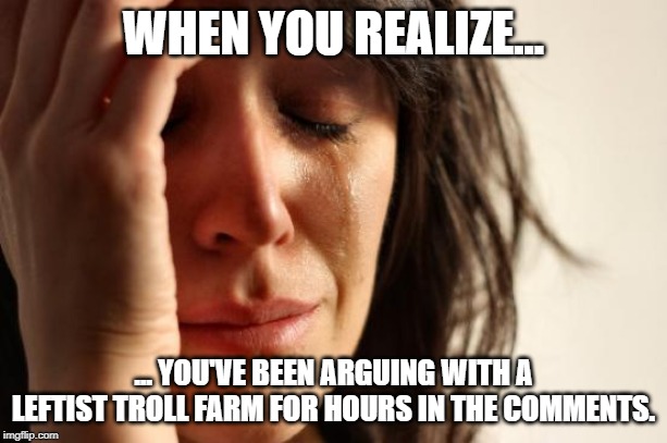 First World Problems | WHEN YOU REALIZE... ... YOU'VE BEEN ARGUING WITH A LEFTIST TROLL FARM FOR HOURS IN THE COMMENTS. | image tagged in memes,first world problems | made w/ Imgflip meme maker