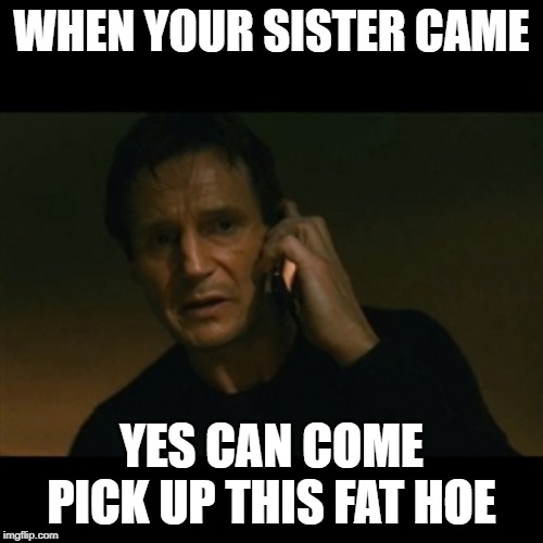 Liam Neeson Taken Meme | WHEN YOUR SISTER CAME; YES CAN COME PICK UP THIS FAT HOE | image tagged in memes,liam neeson taken | made w/ Imgflip meme maker