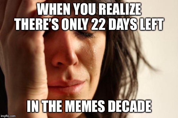First World Problems Meme | WHEN YOU REALIZE THERE’S ONLY 22 DAYS LEFT; IN THE MEMES DECADE | image tagged in memes,first world problems | made w/ Imgflip meme maker