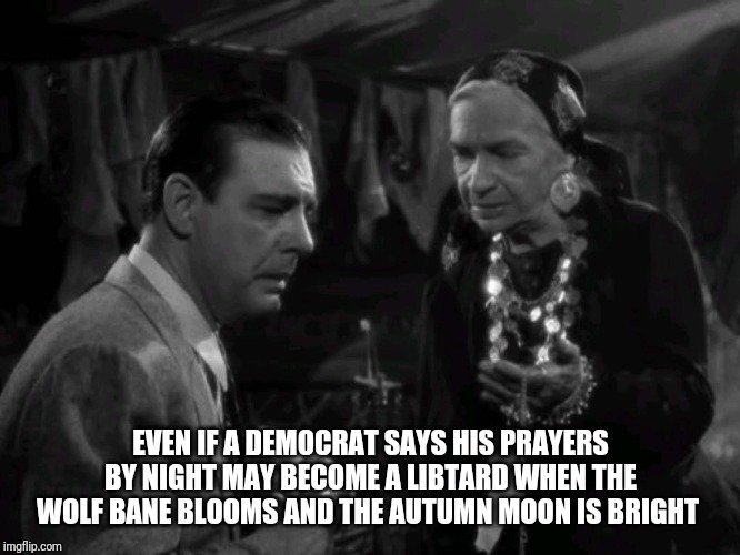 EVEN IF A DEMOCRAT SAYS HIS PRAYERS BY NIGHT MAY BECOME A LIBTARD WHEN THE WOLF BANE BLOOMS AND THE AUTUMN MOON IS BRIGHT | made w/ Imgflip meme maker