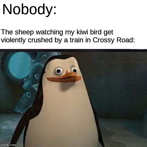 They don't care about anything, they're literally just vibin' | Nobody:; The sheep watching my kiwi bird get violently crushed by a train in Crossy Road: | image tagged in madagascar penguin,funny,memes,sheep | made w/ Imgflip meme maker