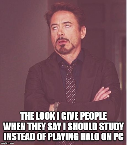 Face You Make Robert Downey Jr | THE LOOK I GIVE PEOPLE WHEN THEY SAY I SHOULD STUDY INSTEAD OF PLAYING HALO ON PC | image tagged in memes,face you make robert downey jr | made w/ Imgflip meme maker