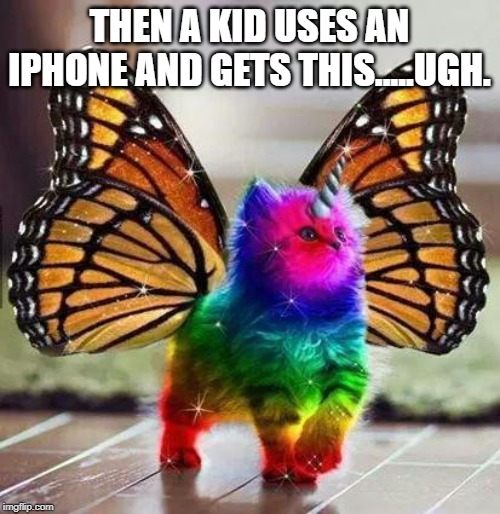 Rainbow unicorn butterfly kitten | THEN A KID USES AN IPHONE AND GETS THIS.....UGH. | image tagged in rainbow unicorn butterfly kitten | made w/ Imgflip meme maker