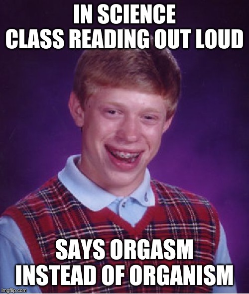 Bad Luck Brian | IN SCIENCE CLASS READING OUT LOUD; SAYS ORGASM INSTEAD OF ORGANISM | image tagged in memes,bad luck brian | made w/ Imgflip meme maker