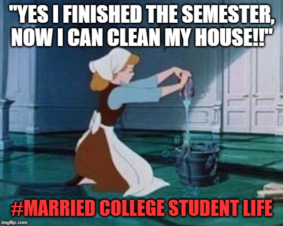 Cinderella Cleaning | "YES I FINISHED THE SEMESTER, NOW I CAN CLEAN MY HOUSE!!"; #MARRIED COLLEGE STUDENT LIFE | image tagged in cinderella cleaning | made w/ Imgflip meme maker