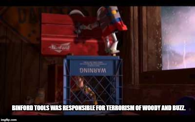 Binford did it. | BINFORD TOOLS WAS RESPONSIBLE FOR TERRORISM OF WOODY AND BUZZ. | image tagged in toy story | made w/ Imgflip meme maker
