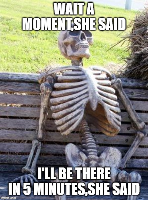 Waiting Skeleton | WAIT A MOMENT,SHE SAID; I'LL BE THERE IN 5 MINUTES,SHE SAID | image tagged in memes,waiting skeleton | made w/ Imgflip meme maker