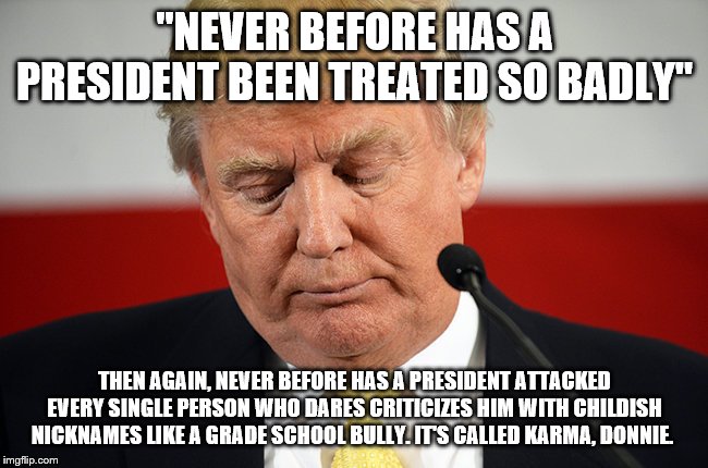 Sad Trump | "NEVER BEFORE HAS A PRESIDENT BEEN TREATED SO BADLY"; THEN AGAIN, NEVER BEFORE HAS A PRESIDENT ATTACKED EVERY SINGLE PERSON WHO DARES CRITICIZES HIM WITH CHILDISH NICKNAMES LIKE A GRADE SCHOOL BULLY. IT'S CALLED KARMA, DONNIE. | image tagged in sad trump | made w/ Imgflip meme maker