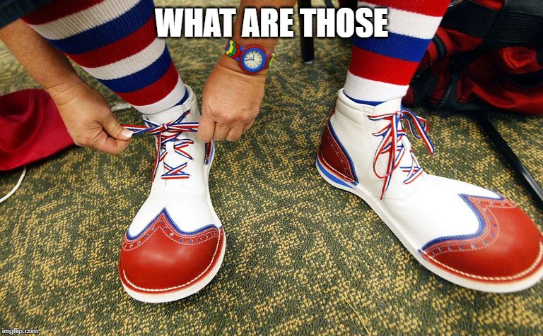 Clown shoes | WHAT ARE THOSE | image tagged in clown shoes | made w/ Imgflip meme maker