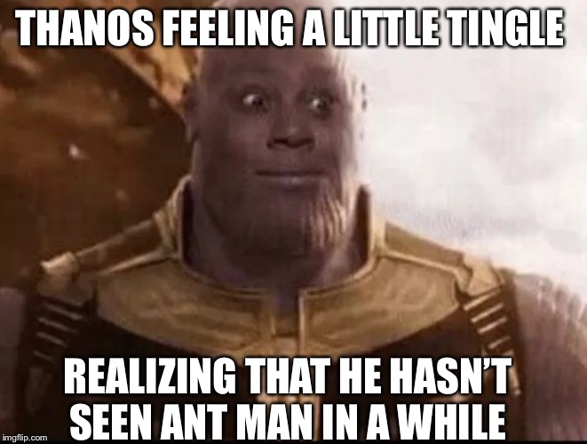 Thanus | THANOS FEELING A LITTLE TINGLE; REALIZING THAT HE HASN’T SEEN ANT MAN IN A WHILE | image tagged in thanus | made w/ Imgflip meme maker