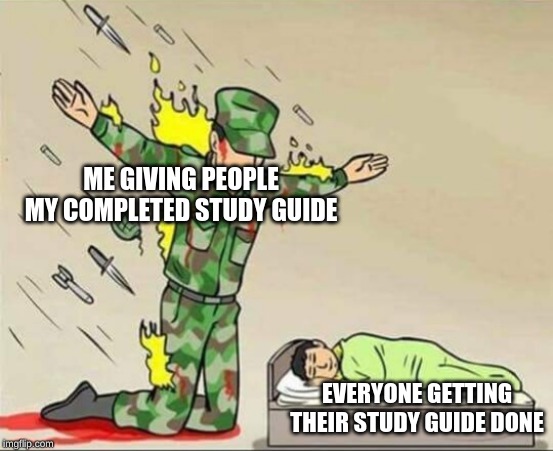 Soldier protecting sleeping child | ME GIVING PEOPLE MY COMPLETED STUDY GUIDE; EVERYONE GETTING THEIR STUDY GUIDE DONE | image tagged in soldier protecting sleeping child | made w/ Imgflip meme maker