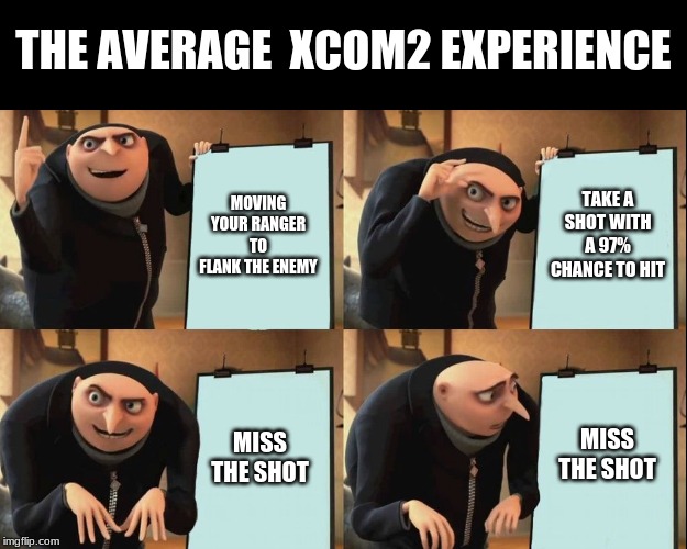 Gru's Plan | THE AVERAGE  XCOM2 EXPERIENCE; MOVING YOUR RANGER TO FLANK THE ENEMY; TAKE A SHOT WITH A 97% CHANCE TO HIT; MISS THE SHOT; MISS THE SHOT | image tagged in despicable me diabolical plan gru template | made w/ Imgflip meme maker