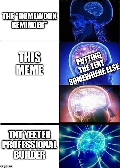 Expanding Brain | THE "HOMEWORK REMINDER"; THIS MEME; PUTTING THE TEXT SOMEWHERE ELSE; TNT YEETER PROFESSIONAL BUILDER | image tagged in memes,expanding brain | made w/ Imgflip meme maker