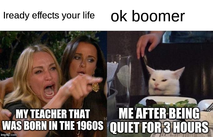 Woman Yelling At Cat Meme | Iready effects your life; ok boomer; MY TEACHER THAT WAS BORN IN THE 1960S; ME AFTER BEING QUIET FOR 3 HOURS | image tagged in memes,woman yelling at cat | made w/ Imgflip meme maker