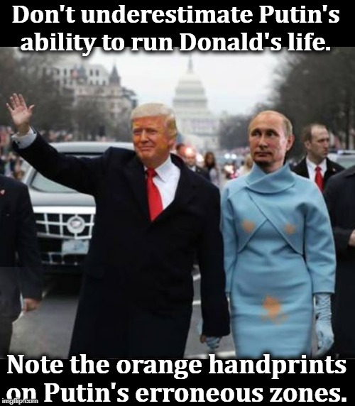 Don't underestimate Putin's ability to run Donald's life. Note the orange handprints on Putin's erroneous zones. | made w/ Imgflip meme maker