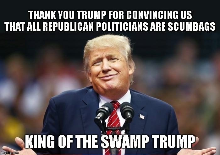 Republican Politicians are Two-Faced Hypocritical Scum | THANK YOU TRUMP FOR CONVINCING US THAT ALL REPUBLICAN POLITICIANS ARE SCUMBAGS; KING OF THE SWAMP TRUMP | image tagged in corruption,government corruption,liars,criminals,traitors,impeach trump | made w/ Imgflip meme maker