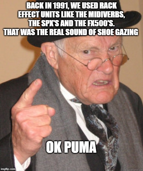 OK PUMA BOOMER | BACK IN 1991, WE USED RACK EFFECT UNITS LIKE THE MIDIVERBS, THE SPX'S AND THE FX500'S. THAT WAS THE REAL SOUND OF SHOE GAZING; OK PUMA | image tagged in memes,back in my day,ok boomer,shoegaze meme,shoegaze memes,music meme | made w/ Imgflip meme maker