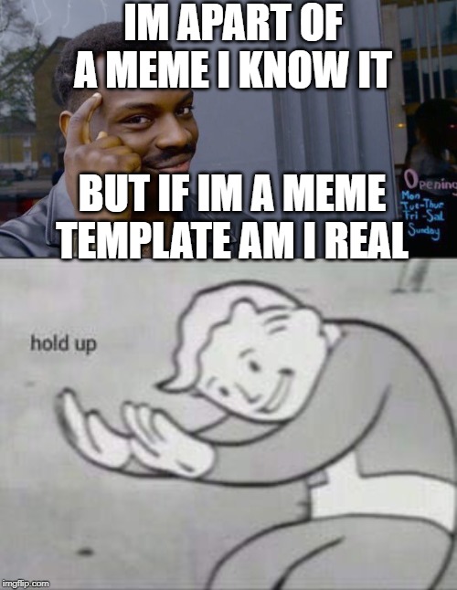IM APART OF A MEME I KNOW IT; BUT IF IM A MEME TEMPLATE AM I REAL | image tagged in memes,roll safe think about it,fallout hold up | made w/ Imgflip meme maker
